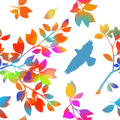 Fototapeta na wymiar Multicolored twigs. A seamless background with flying birds. mixed media. Vector illustration