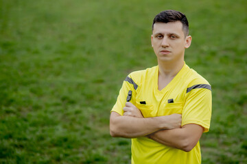 Portrait of referee. Concept of sport, rules violation, offside.