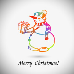 snowman multicolored. Merry Christmas and Happy New Year, Mixed media. Vector Illustration