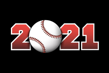 New Year numbers 2021 and baseball ball on an isolated background. Creative design pattern for greeting card, banner, poster, flyer, party invitation, calendar. Vector illustration