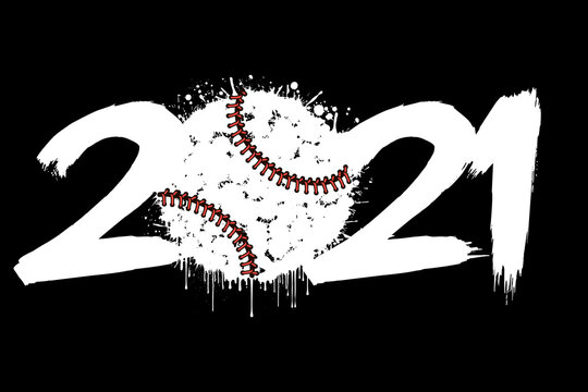 Abstract numbers 2021 and a baseball ball from blots. 2021 New Year on an isolated background. Design pattern for greeting card. Grunge style. Vector illustration