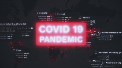 Coronavirus COVID 19 world map with health statistics data and pandemic warning in red colour. Wuhan virus infection spreads over the world. Epidemic concept 3d rendering animated background 4K video.