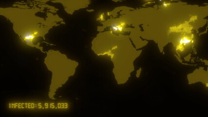 Dark coronavirus COVID-19 world map with data and pandemic warning in yellow color. China wuhan virus infection is spreading across the world. 3d rendering animated background in 4K.