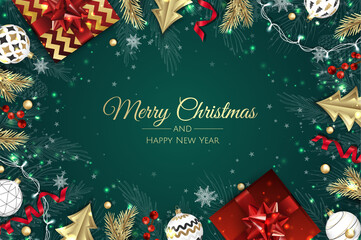 Christmas vector background. Creative design greeting card, banner, poster. Top view xmas decoration balls and snowflakes.