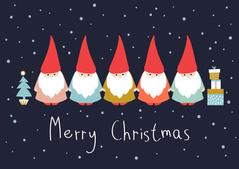 Season Greetings. Christmas card with cute little Gnomes. Vector design