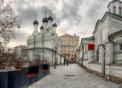 Moscow, Moscow region/ Russia - 03.05.2019: Chernigov lane and The Church of Michael and Feodor of Chernigov at cloudy spring day