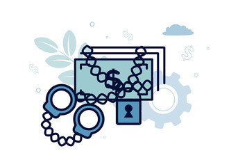 Finance. Arrest of property. Handcuffs, near them dollar bills in chains with a padlock, the inscription seizure of property. Vector illustration