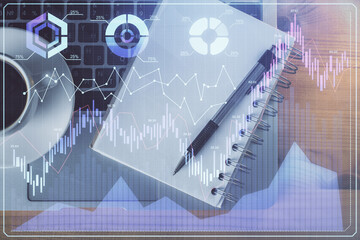 Multi exposure of forex chart drawing and work table top veiw. Concept of financial analysis.
