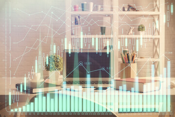 Double exposure of financial graph drawing and office interior background. Concept of stock market.