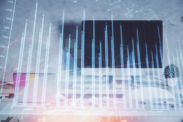 Multi exposure of financial graph drawing and office interior background. Concept of market analysis.