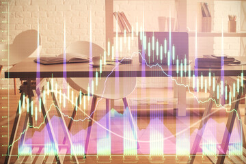 Multi exposure of stock market chart drawing and office interior background. Concept of financial analysis.