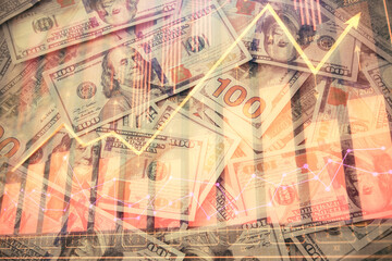 Multi exposure of forex chart drawing over us dollars bill background. Concept of financial success markets.