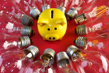 golden piggy bank and many Traditional  lightbulb around, creative business symbols