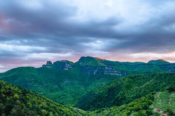 Sunset in the mountains (Peak of Puigsacalm, Catalonia province, Garrotxa, Spain)