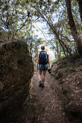 Naklejka premium View of woman from behind in hiking boots along a walking path outdoors in nature