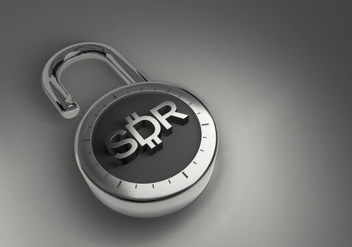 The SDR Special Drawing Rights from the IMF International Monetary Fund combination lock as 3d rendering.