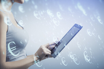 Double exposure of forex chart sketch hologram and woman holding and using a mobile device. Financial market concept.