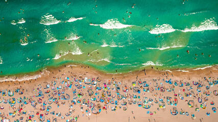 Top down view of crowded beach, Baltic Sea, aerial view