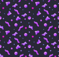 Fototapeta na wymiar abstract seamless pattern with randomly arranged purple free forms and circles with a watercolor texture on a dark background
