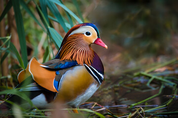 A colorful mandarin duck by the water with common reeds , central park, new your city