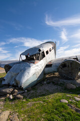 Crashed passenger plane in the afternoon sun.  Norway, Illinois, USA.