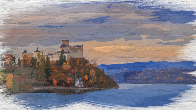 Niedzica castle by lake in autumn, watercolor painting
