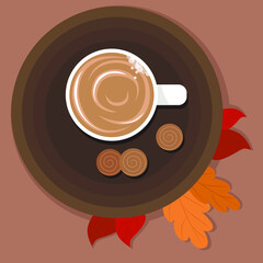 Cup of coffee with cookies on a brown background with autumn leaves
