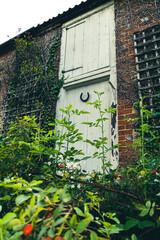 Beautiful rural white rustic door with overgrown by weeds stairs, british countryside house in the middle of nowhere.