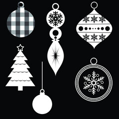 Set of Christmas ornaments. Retro Christmas designs. Bold black and white vector.