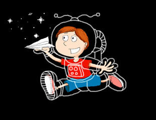 Illustration of a boy playing with a paper plane dreaming of being an astronaut