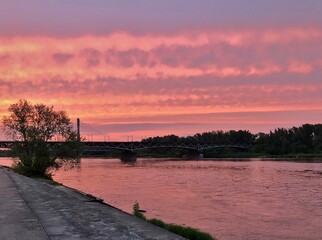 Sunset over the Warsaw and the Vistula river