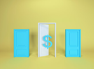 Open whithe door and green closed door abstract Idea money sign colorful yellow background. Minimal concept.Idea.Flat lay. 3d render.