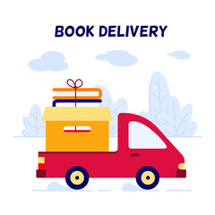 A cardboard box with a stack of books inside a red truck, online delivery. Delivery sign concept for online bookstore.