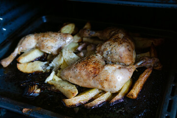 Freshly baked chicken. homemade. served with potatoes and onions.