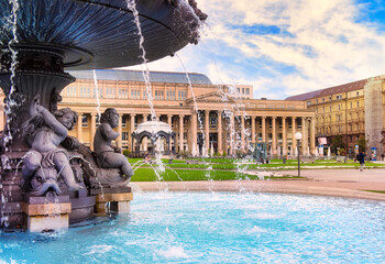Naklejka premium Schlossplatz (Castle square) with Fountains in Stuttgart City, Germany