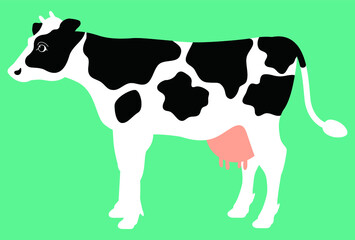 水色の背景に描かれた白黒模様のある牛の全身イラスト【横向き】