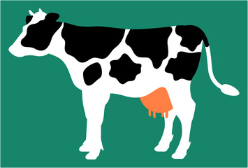 水色の背景に描かれた白黒模様のある牛の全身イラスト【横向き】