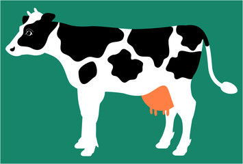 水色の背景に描かれた白黒模様のある牛の全身イラスト【横向き】