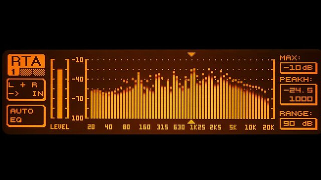 The professional concert equalizer has a yellow spectrum analyzer on the display that analyzes the frequency range of music or any sound and can change it. Closeup