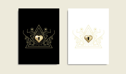 Heart key hole with triangle sacred geometry, golden color logo, Magic heart, boho spiritual guidance tarot reader, tattoo