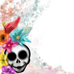 Foto op Plexiglas Aquarel doodshoofd Illustration of a skull with watercolor flowers on a white background