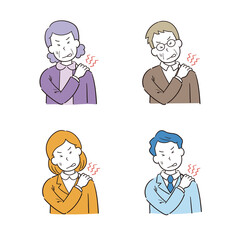 肩こり肩の痛みの手描き男性女性のイラストセット