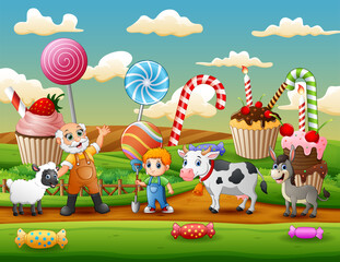 The farmer and farm animals in the sweet garden illustration