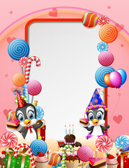 Birthday penguin with candies and pink background
