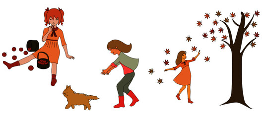 Pre-teens/ kids in autumn/ fall, eating apples, playing with cats and enjoying the fresh autumn wind