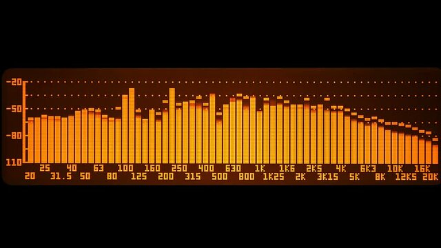 The professional concert equalizer has a yellow spectrum analyzer on the display that analyzes the frequency range of music or any sound and can change it. Closeup