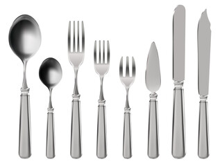 Realistic cutlery. Stainless steel tableware, knife, spoon and forks. Restaurant or home kitchen 3d silverware vector illustration set. Flatware or utensil for dinner or supper meal