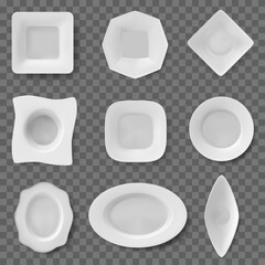 Realistic food dish. Plate dish, ceramic tableware, restaurant and household kitchenware, dishes and bowls. White food plates vector illustrations. Empty dishware of different shapes for meals