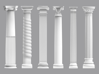 Antique greek pillars. Greek ancient column, historic roman culture pillars. Architectural classic columns vector illustration set. Striped decorative high construction for building