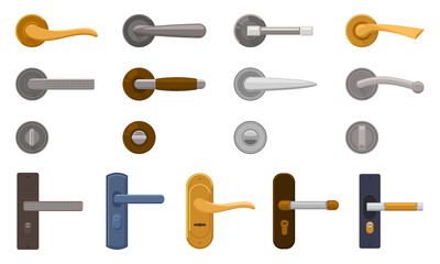Door handle. Metal entrance door-knob, home lock knobs, modern house interior elements. Entrance door knobs isolated vector illustration set. Office or home room interior object of different shape